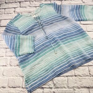 Alfred Dunner Womens Blue Teal Striped Lace Up V-Neck 3/4 Sleeve Blouse Large